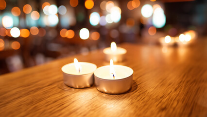 Candles on Wooden Table in Warm Scene With Bokeh Background