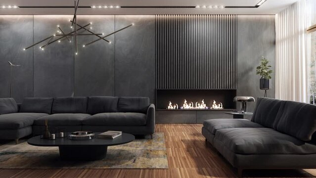 Modern and spacious living room presenting the same interior in different color versions with changing decors and finishing materials. Interior with fireplace and big stone slabs on wall. 3D animation