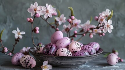 festive easter egg arrangement with delicate pink blossoms on a dark surface