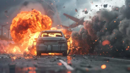 Foto op Canvas Car explosion and fire on the road. © Supatsorn