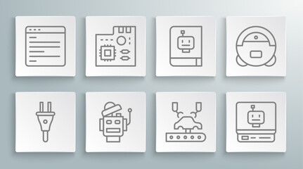 Set line Electric plug, Motherboard digital chip, Robot, Robotic robot arm on factory, User manual, vacuum cleaner and Computer api interface icon. Vector