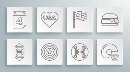 Set line Hotdog sandwich, USA Independence day, American star shield, Baseball ball, football helmet, flag, Burger and Calendar with date July 4 icon. Vector