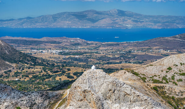 Aerial view of the little church Agios Ioannis on top of the mountains next to the village Filoti, Naxos, Cyclades, Greece