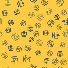 Obraz premium Blue line Video chat conference icon isolated seamless pattern on yellow background. Computer with video chat interface active session on screen. Vector Illustration