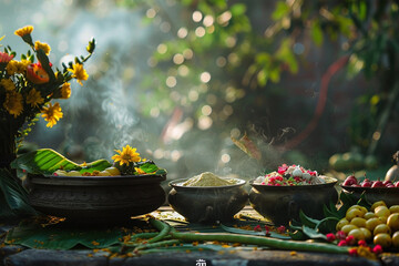 Happy Ugadi greeting card with mango leaf and rice, Indian New Year festival - obrazy, fototapety, plakaty