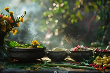 Fotobehang Happy Ugadi greeting card with mango leaf and rice, Indian New Year festival © Irina Bort