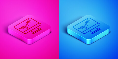 Isometric line Computer monitor with graph chart icon isolated on pink and blue background. Report text file icon. Accounting sign. Audit, analysis, planning. Square button. Vector