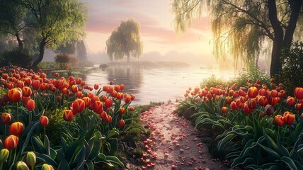 Peaceful garden pathway surrounded by blooming red and yellow tulips at sunset