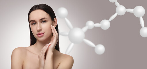 Beautiful woman with perfect healthy skin and molecular model on grey background, banner design....