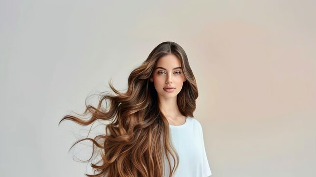 European model on white background. The concept of hair cosmetics.