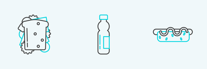 Set line Hotdog sandwich with mustard, Sandwich and Bottle of water icon. Vector