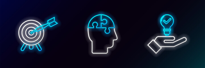 Set line Light bulb in hand, Target with arrow and Human head puzzles strategy icon. Glowing neon. Vector