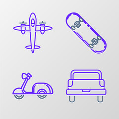 Set line Pickup truck, Scooter, Skateboard and Old retro vintage plane icon. Vector