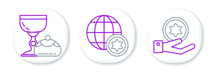 Set line Jewish coin on hand, goblet hanukkah sufganiyot and World Globe Israel icon. Vector