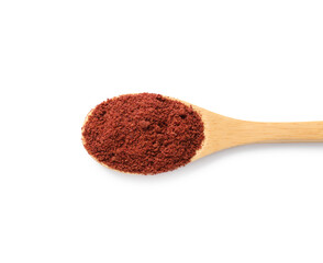 Dried cranberry powder in spoon isolated on white, top view