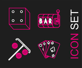 Set line Playing cards, Stick for chips, Slot machine and Game dice icon. Vector