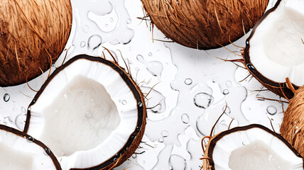 A rich display of whole coconuts and cocos against a spotless white canvas.