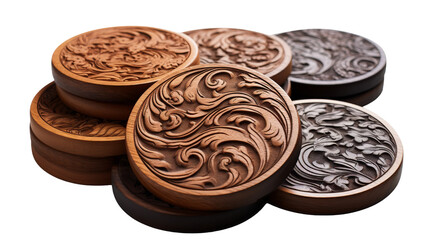 Wooden Coasters Collection with Elegant Engravings on transparent background