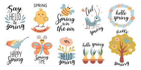 Fototapeta premium Spring set. Hello spring quotes set. Spring labels with season calligraphy quotes, flowers, wreathes. Hand drawn vector illustration.