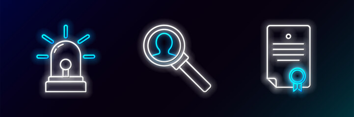 Set line Certificate template, Flasher siren and Magnifying glass for search icon. Glowing neon. Vector