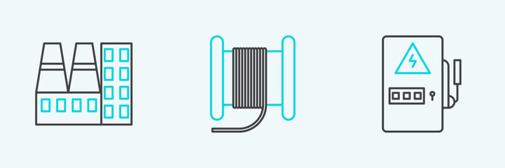 Set line Electrical panel, Power station plant and factory and Wire electric cable reel drum icon. Vector