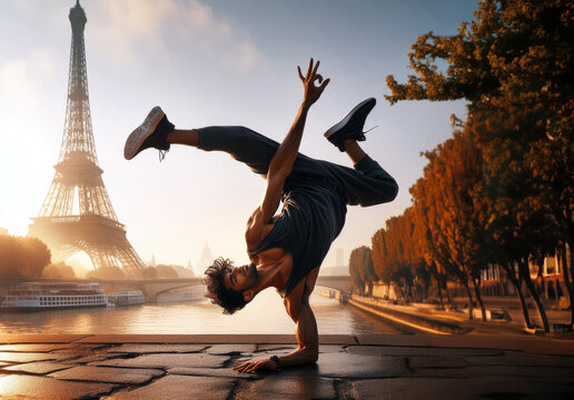 guy, masterfully expressing himself through breakdancing, creates a picturesque harmony with the rainbow Paris framed by the Eiffel Tower