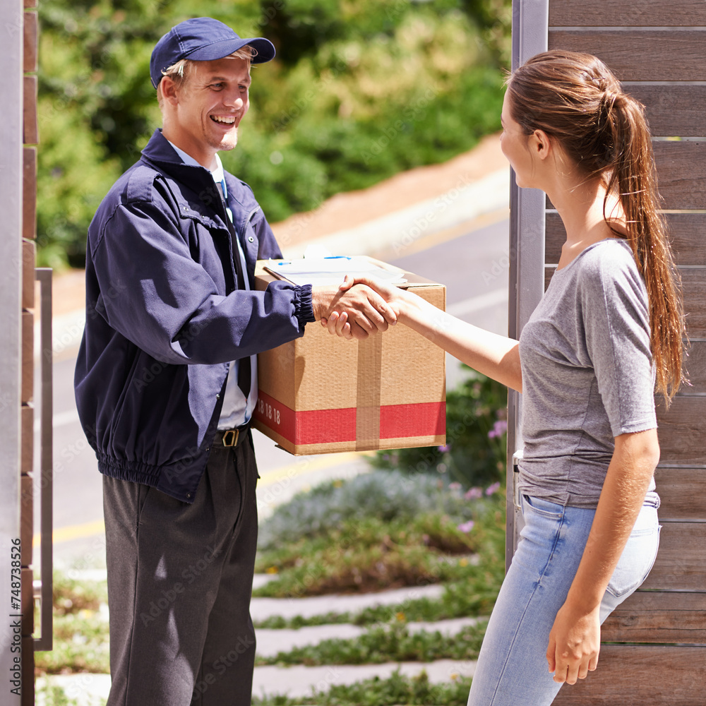 Sticker Delivery, man and handshake with box for woman at front door to house and thank you for easy service. Ecommerce, courier and person with worker shipping a package with fast transport in supply chain