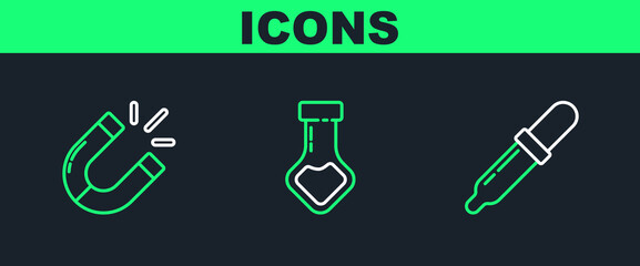 Set line Pipette, Magnet and Test tube and flask chemical icon. Vector