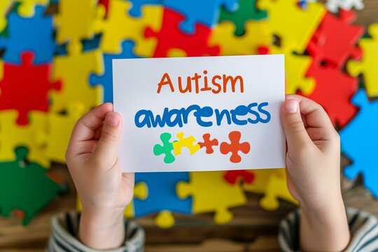 childs hands holding a white rectangular paper with text autism awareness, colorful puzzle pieces in the background