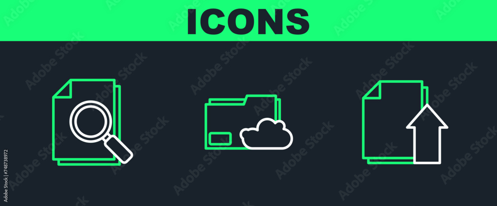 Poster set line upload file document, document with search and cloud storage text folder icon. vector