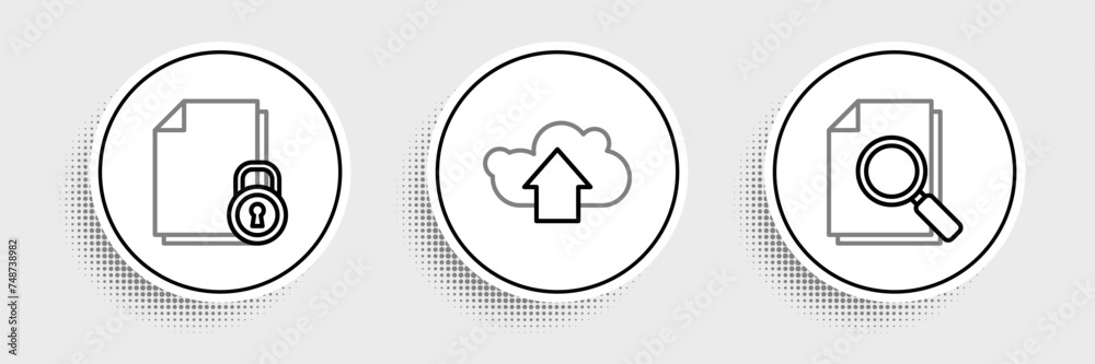 Poster set line document with search, and lock and cloud upload icon. vector