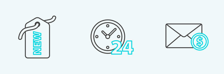 Set line Envelope with coin dollar, Price tag New and Clock 24 hours icon. Vector