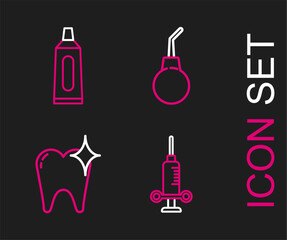 Set line Dental medical syringe, Tooth whitening concept, Enema pear and Tube of toothpaste icon. Vector