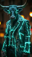 Neon Outlined Bull in Urban Night