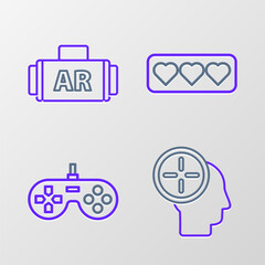 Set line Head hunting concept, Gamepad, Like and heart and Ar, augmented reality icon. Vector