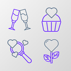 Set line Heart shape in a flower, Search heart and love, Wedding cake with and Glass of champagne icon. Vector