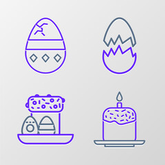 Set line Easter cake and candle, eggs, Broken and Cracked icon. Vector
