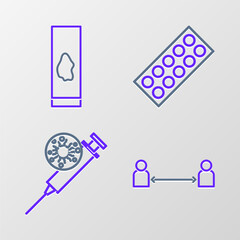 Set line Safe distance, Syringe and virus, Pills blister pack and Blood test icon. Vector