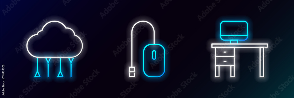 Poster set line computer monitor and desk, network cloud connection and mouse icon. glowing neon. vector