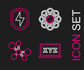 Set line XYZ Coordinate system, Molecule, Atom and Secure shield with lightning icon. Vector