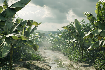 Hardworking farmers gather bananas in lush plantation fields, showcasing agricultural labor in tropical settings.