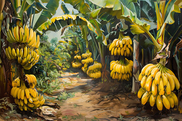 Hardworking farmers gather bananas in lush plantation fields, showcasing agricultural labor in tropical settings. - obrazy, fototapety, plakaty