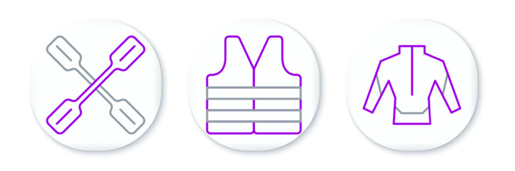 Set line Wetsuit, Paddle and Life jacket icon. Vector