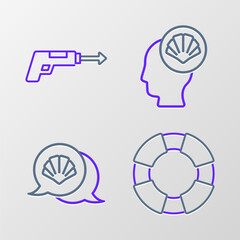 Set line Lifebuoy, Scallop sea shell, and Fishing harpoon icon. Vector