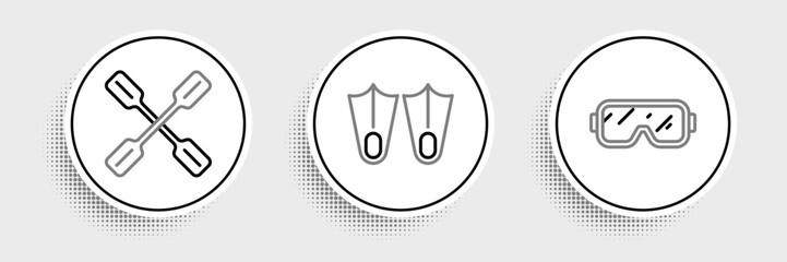 Set line Diving mask, Paddle and Rubber flippers icon. Vector © Oksana