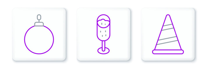 Set line Party hat, Christmas ball and Glass of champagne icon. Vector