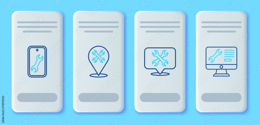 Poster set line location with wrench, mobile service and computer monitor icon. vector