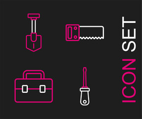 Set line Screwdriver, Toolbox, Hand saw and Shovel icon. Vector