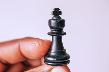 Hand holding black chess pieces isolated on white, business strategy