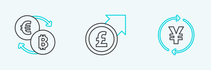 Set line Coin money with Yen, Cryptocurrency exchange and Financial growth and pound icon. Vector